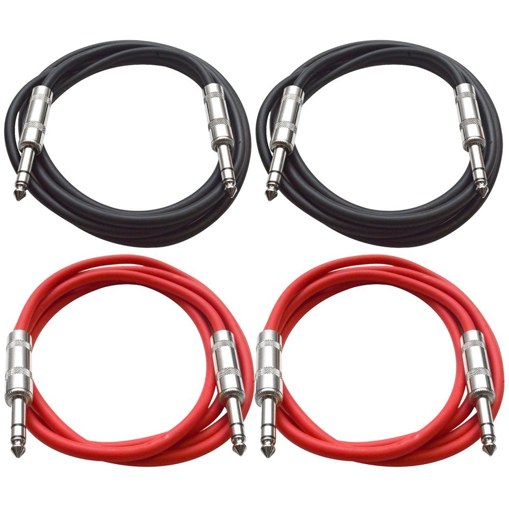 SEISMIC AUDIO - SATRX-2-4 Pack of 2' 1/4" TRS to 1/4" TRS Patch Cables - Balanced - 2 Foot Patch Cord - Black and Red
