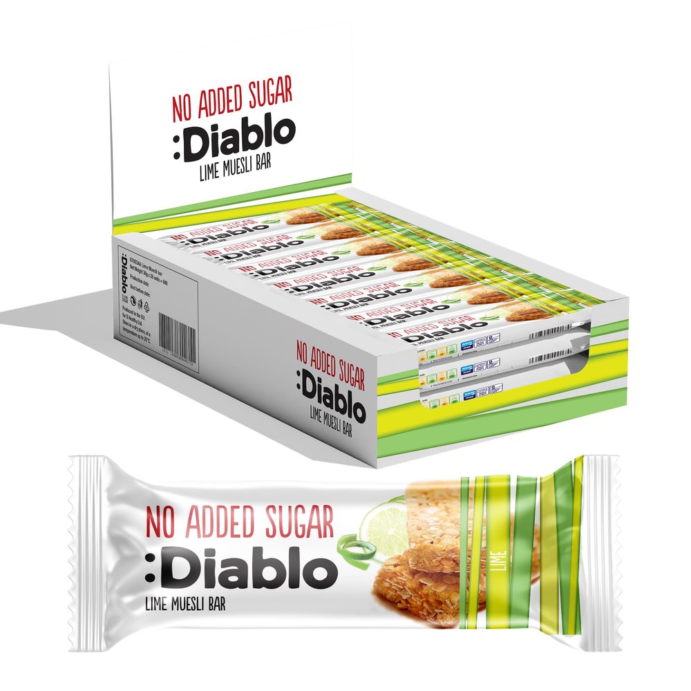 Diablo Lime Muesli Bar No Added Sugar Healthy Snacks & Breakfast Bar Sweetened with Maltitol, Low Sugar Snacks Food, Great for Gifting, Work, School, or Travel 30g Each (Pack of 28)