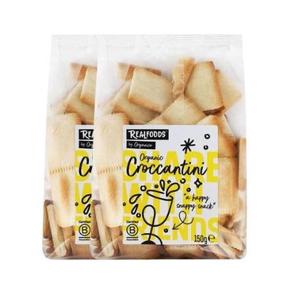 Realfoods by Organico | Organic Croccantini Classic Flatbread Crackers  Italian Baked Snack, Light & Crunchy, Perfect with Dips & Cheese  150g (Pack of 2)