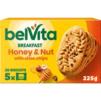 belVita Breakfast Honey & Nut with Choc Chips Biscuits, Wholegrain Cereals and Essential Minerals, 20 x 50g