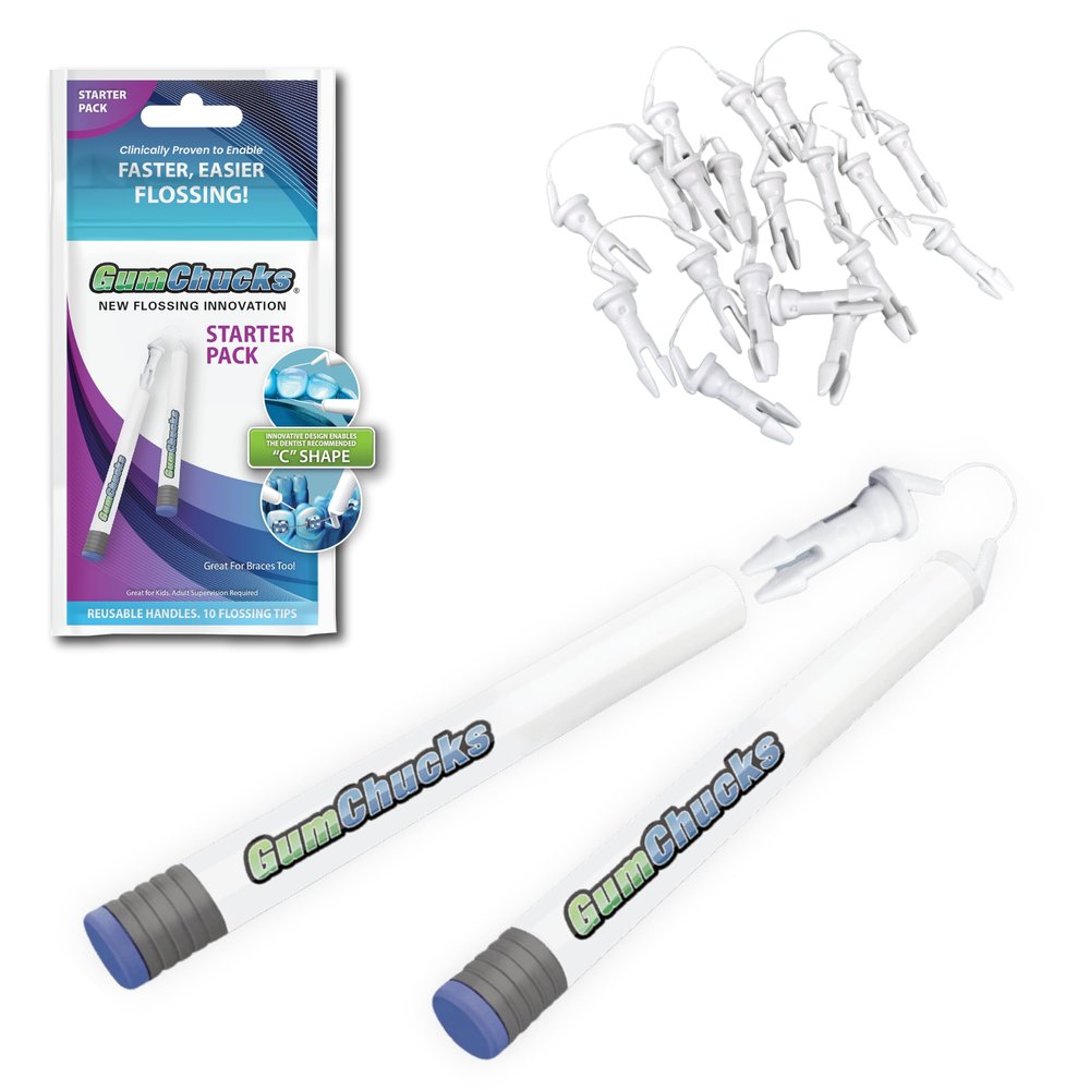 GumChucks Orthodontic Flossers Dental Floss - Floss for Braces - Brace Floss Picks - Gum Flossing Picks - Ortho Dental Flossers (Adult Starter Pack)