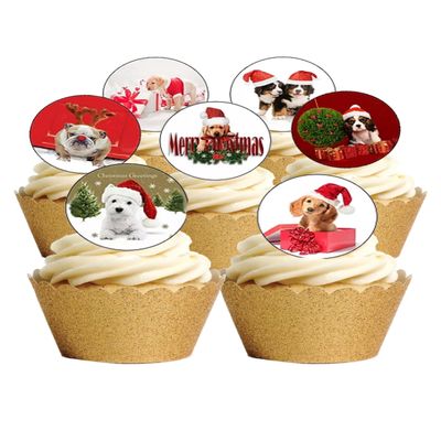 24 Precut Cute Dog and Puppy Christmas Themed Edible Wafer Paper Cupcake Cake Toppers Decorations