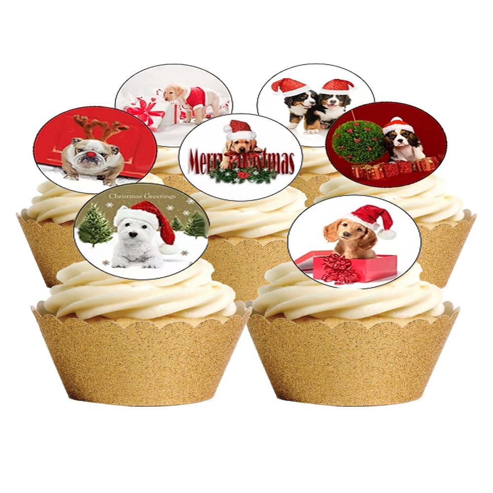 24 Precut Cute Dog and Puppy Christmas Themed Edible Wafer Paper Cupcake Cake Toppers Decorations
