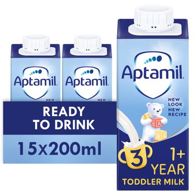 Aptamil 3 Toddler Baby Milk Ready to Use Liquid Formula, 1-3 Years, 200ml (Pack of 15),package may vary