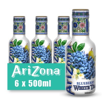Arizona Blueberry White Tea, Pack of 6 x 500ml PET Bottles, Infused Iced Tea with Blueberries Pears Honey, No Artificial Colours or Preservatives