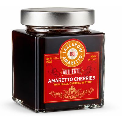 Lazzaroni Amaretto Cherries 400g | Italian Wild Black Amarena Cherries in Amaretto Syrup | Gourmet Cocktail & Dessert Garnish | Baking & Ice Cream Topping | Made in Italy