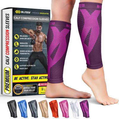 BLITZU Calf Compression Sleeve for Men & Women Footless Compression Socks Support Runners Leg Sleeve Shin Splints Pain Relief (Purple, large/X-Large)