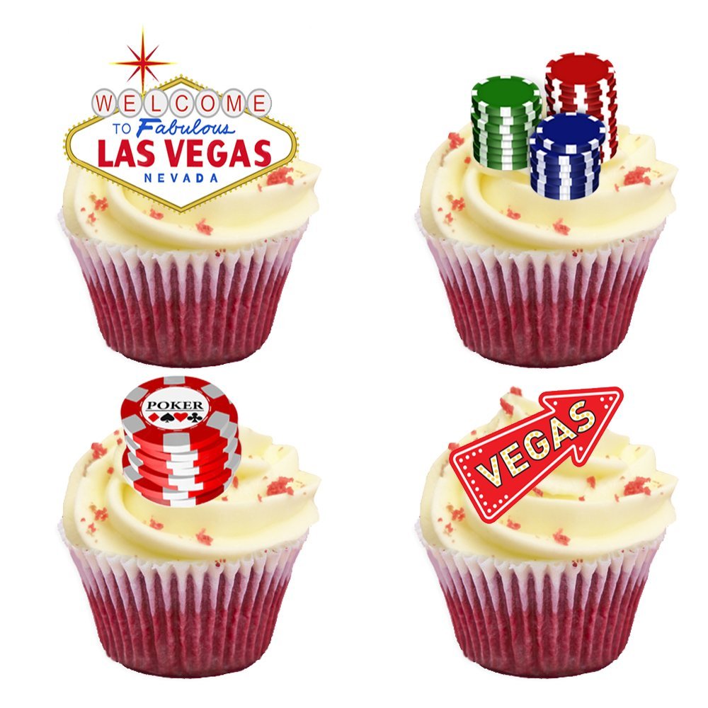 16 Stand Up Las Vegas Themed Premium Edible Wafer Paper Cake Toppers Decorations