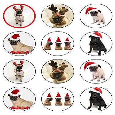 12x Christmas Pugs 2" 5cm PRE-CUT PREMIUM RICE PAPER Edible cake Toppers