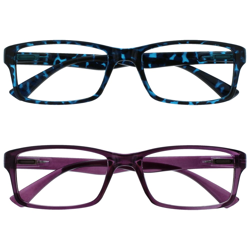 OPULIZE PEP Reading Glasses for Women Men, Large Rectangular Designer Frame with Spring Hinges, Scratch Resistant, Blue, Purple +3 (Pack of 2)
