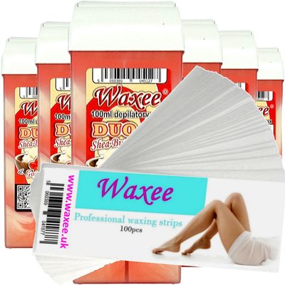 Roll on wax roller wax cartridge 100ml- Waxee DUO wax refill 6pcs+ 100 waxing strips (DUO- Lemon & Honey)