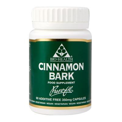 Bio-Health Cinnamon Bark 350mg Pure Herbal Food Supplement for Cardiovascular Support, Cholesterol and Blood Sugar Control, Suitable for Vegetarians and Vegans, Additive Free 60 Capsules