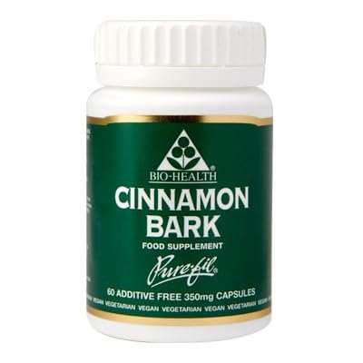 Bio-Health Cinnamon Bark 350mg Pure Herbal Food Supplement for Cardiovascular Support, Cholesterol and Blood Sugar Control, Suitable for Vegetarians and Vegans, Additive Free 60 Capsules