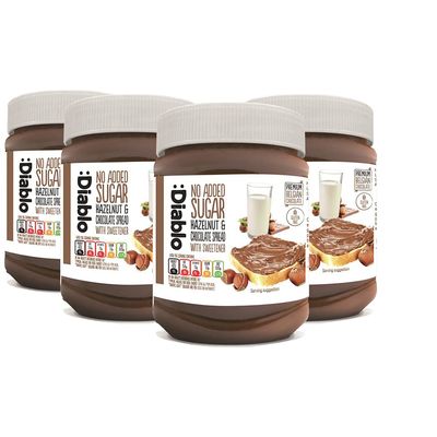 Diablo No Added Sugar Hazelnut Chocolate Spread  Sweetened with Maltitol  Low Sugar Belgian Chocolate Spread for Toast, Waffles, Breakfast, Baking, Healthy Snacking - 350g 4 Pack