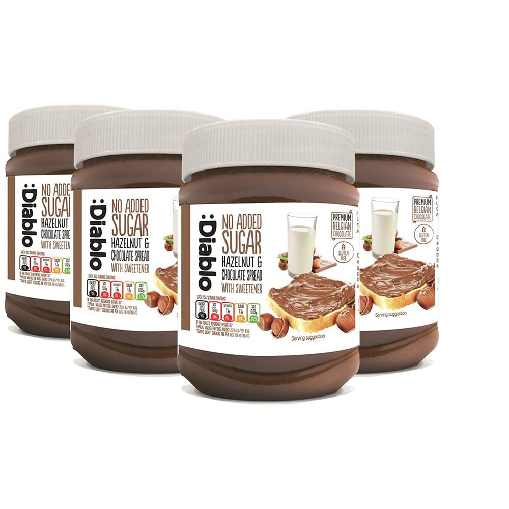 Diablo No Added Sugar Hazelnut Chocolate Spread  Sweetened with Maltitol  Low Sugar Belgian Chocolate Spread for Toast, Waffles, Breakfast, Baking, Healthy Snacking - 350g 4 Pack