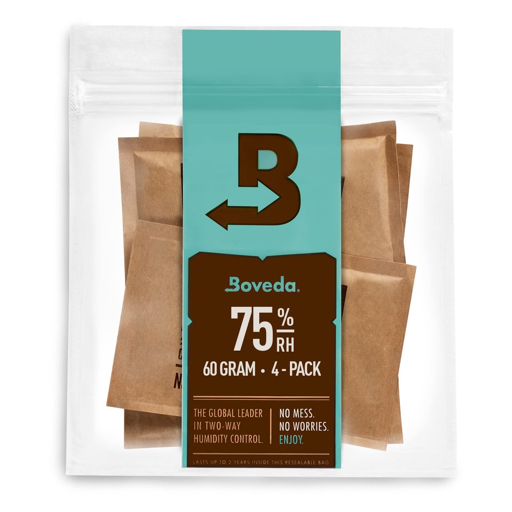 Boveda 75% Two-Way Humidity Control Packs Fix Major Moisture Loss in Non-Plastic Humidifier Boxes  Size 60  4 Pack  Moisture Absorbers  Humidifier Packs  Hydration Packets in Resealable Bag