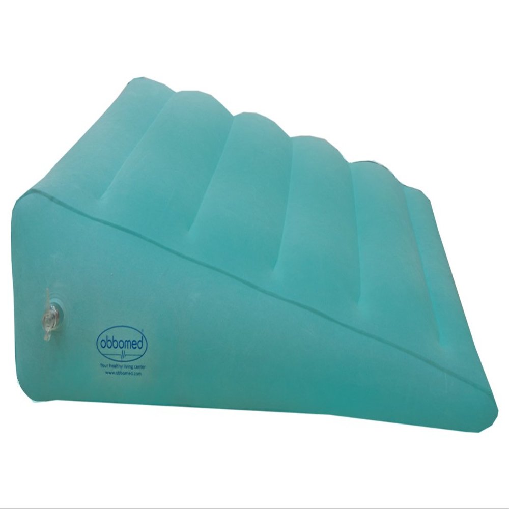 OBBO MED HR-7510 Inflatable Portable Bed Wedge Pillow with Velour Surface for Sleeping, Travel, Trip Vacation, Horizontal Indention Prevent Sliding, 23" x 22" x(7.5"~1.5"), Cyan