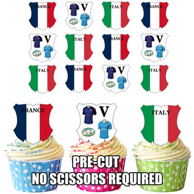 AK Giftshop PRE-CUT Six Nations Rugby France V Itlay Cake Decorations - Edible Stand-up Cupcake Toppers (Pack of 12)