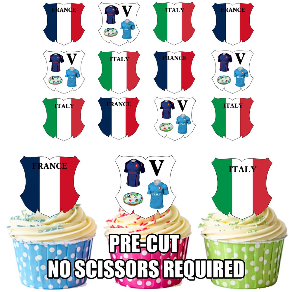 AK Giftshop PRE-CUT Six Nations Rugby France V Itlay Cake Decorations - Edible Stand-up Cupcake Toppers (Pack of 12)