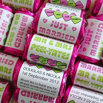100 Personalised Pink Green MINI Love Hearts Sweets - JUST Married MR and MRS