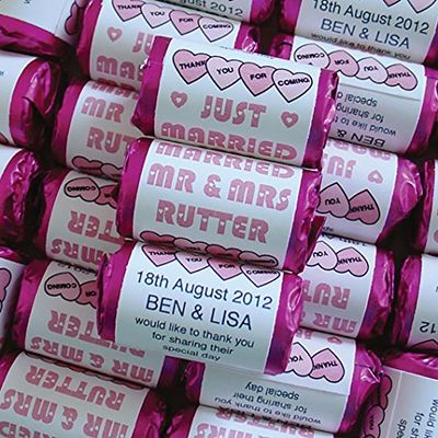 100 PERSONALISED BABY PINK MINI LOVE HEARTS SWEETS - JUST MARRIED MR AND MRS