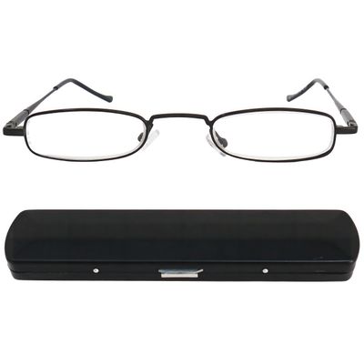 Mini Brille - Mini Slim Metal Reading Glasses, Stainless Steel Frame (Black), Slim-Fit Aluminium Case, Slimline Reading Aid Men and Women +2.00 Magnification