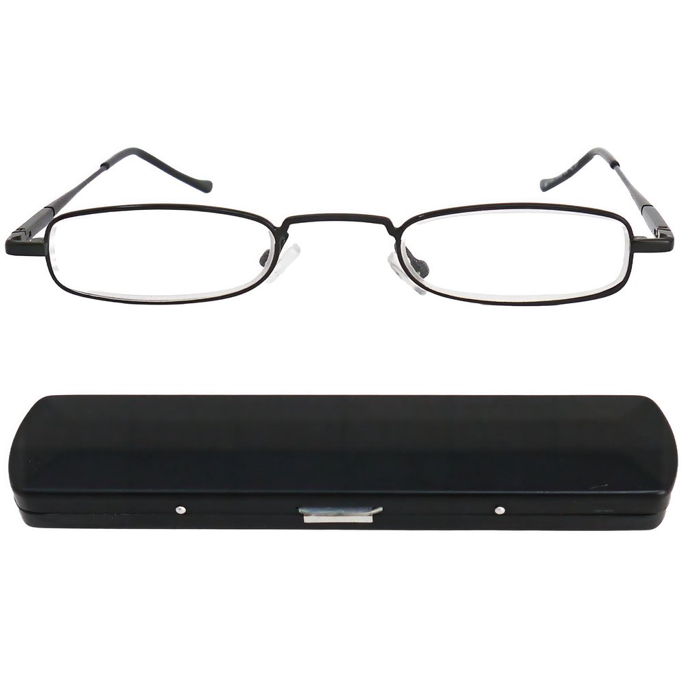 Mini Brille - Mini Slim Metal Reading Glasses, Stainless Steel Frame (Black), Slim-Fit Aluminium Case, Slimline Reading Aid Men and Women +2.00 Magnification