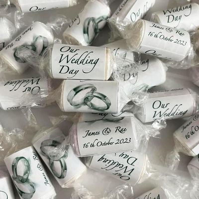 100 Personalised Silver Rings MINI Love Hearts Sweets - Our Wedding Day MR and MRS