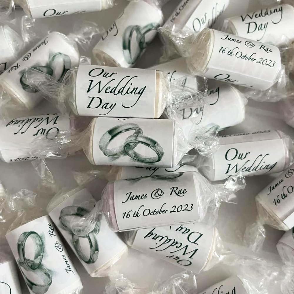 100 Personalised Silver Rings MINI Love Hearts Sweets - Our Wedding Day MR and MRS