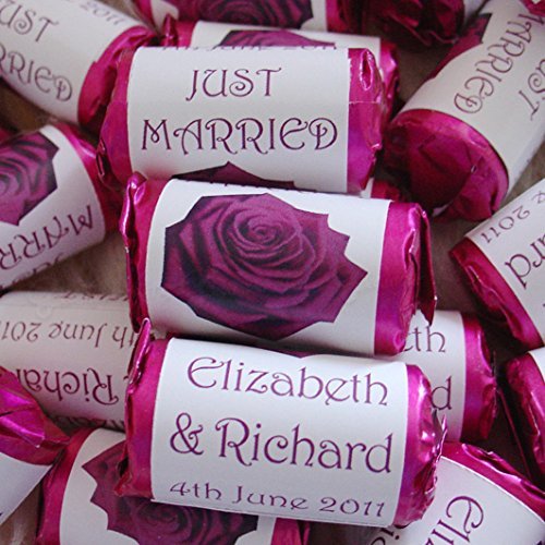 100 Personalised Purple Large Rose Flower MINI Love Hearts Sweets - JUST Married Bride and Groom