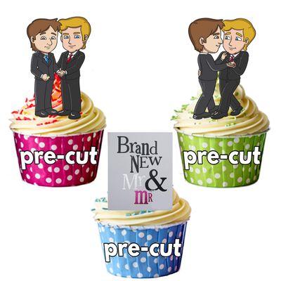 AK Giftshop PRE-CUT New Mr and Mr Wedding/Civil Partnership Mix - Edible Stand-up Cupcake Toppers (pack of 12)