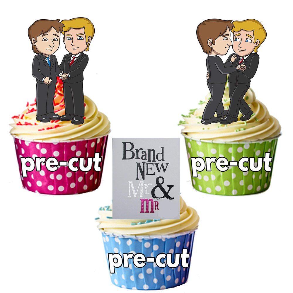 AK Giftshop PRE-CUT New Mr and Mr Wedding/Civil Partnership Mix - Edible Stand-up Cupcake Toppers (pack of 12)