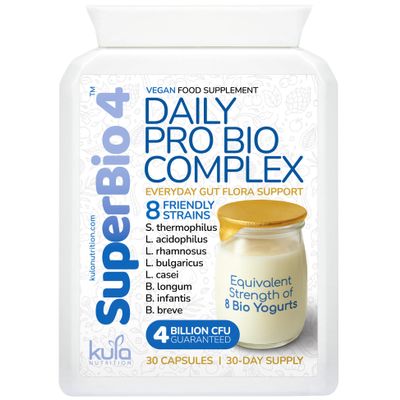 SuperBio4 - Daily Probiotic 8 Strain Live Bio Culture Complex - 4 Billion CFU Friendly Bacteria - High Strength Full Spectrum Gut Flora Supplement - Acid and Bile Resistant Capsules - 30 Days Supply