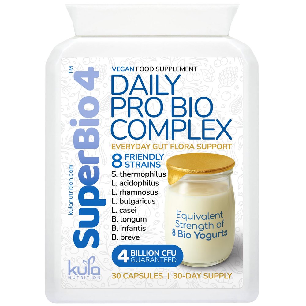 SuperBio4 - Daily Probiotic 8 Strain Live Bio Culture Complex - 4 Billion CFU Friendly Bacteria - High Strength Full Spectrum Gut Flora Supplement - Acid and Bile Resistant Capsules - 30 Days Supply