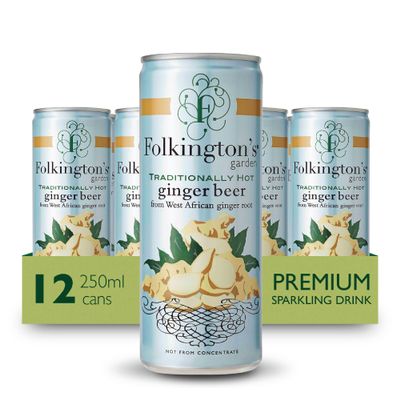 Folkington's Ginger Beer, 12 Cans, Sparkling Soft Drink, Traditionally Hot, Great Gin Mixer, 12 x 250 ml