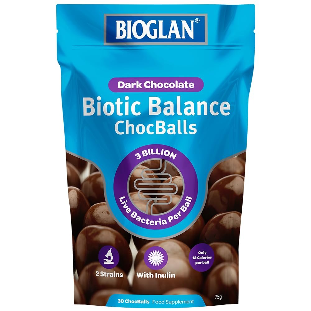 Bioglan Biotic Balance Dark Choc Balls, 3 Billion CFU Probiotic, live cultures wrapped in delicious dark chocolate, contains Lactobacillus Rosell, Bifodobacterium Rosell, & Inulin. 30 balls