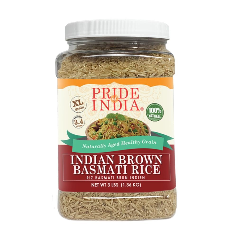 Extra Long Indian Brown Basmati Rice - Naturally Aged Healthy Grain Jar - Fragrant and Aromatic Rice  DASH diet Approved - 3 pound Jar