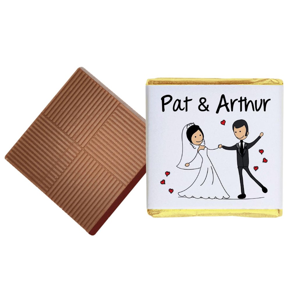 100 Cartoon Bride & Groom Personalised Chocolate Wedding Favours (Milk)