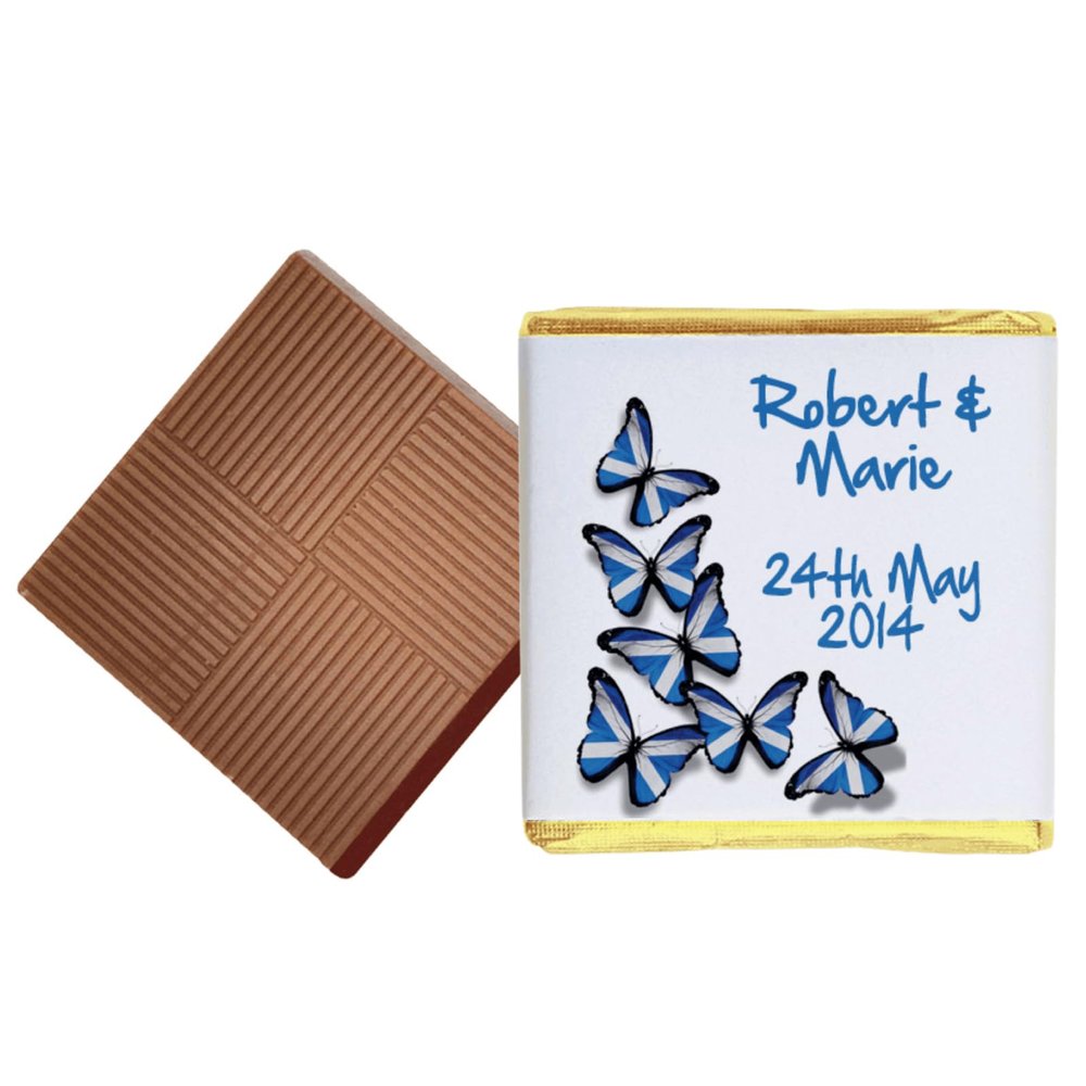 100 Scottish Butterfly Personalised Chocolate Wedding Favours (Plain Mint)