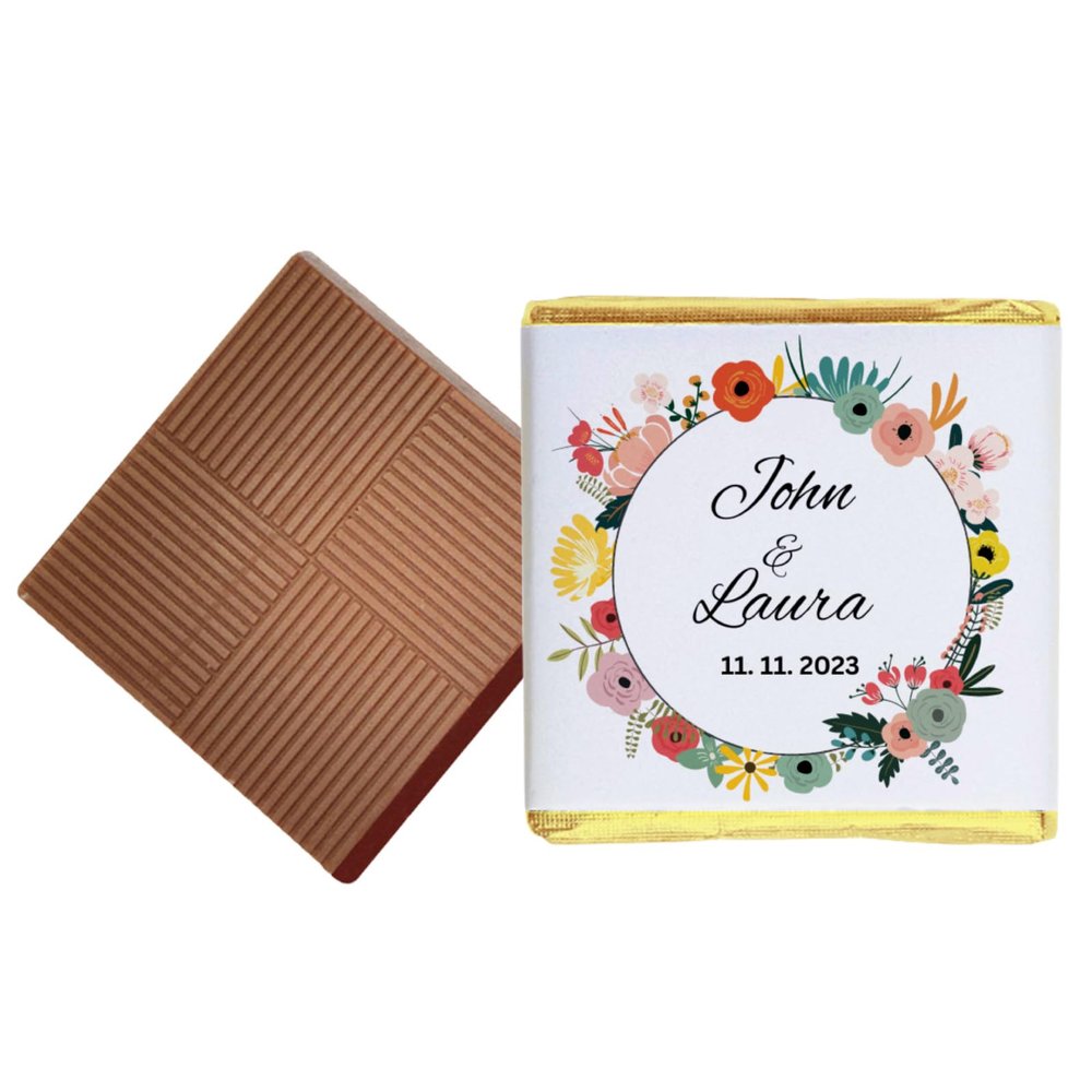 100 Floral Personalised Chocolate Wedding Favours (Milk)