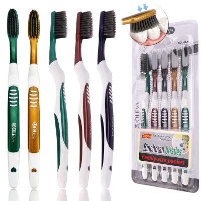 AOLEVA Set 5 Count Soft Toothbrush Manual for Adults Toothbrushes Multipack Black Charcoal Bristles for Family Medium Size Random Color
