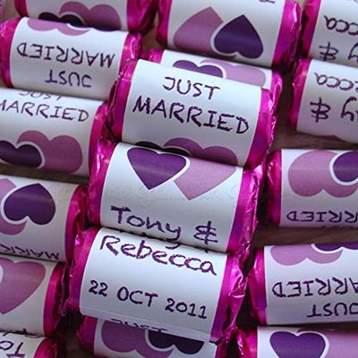 100 Personalised Double Heart Purple Lilac MINI Love Hearts Sweets - JUST Married MR and MRS