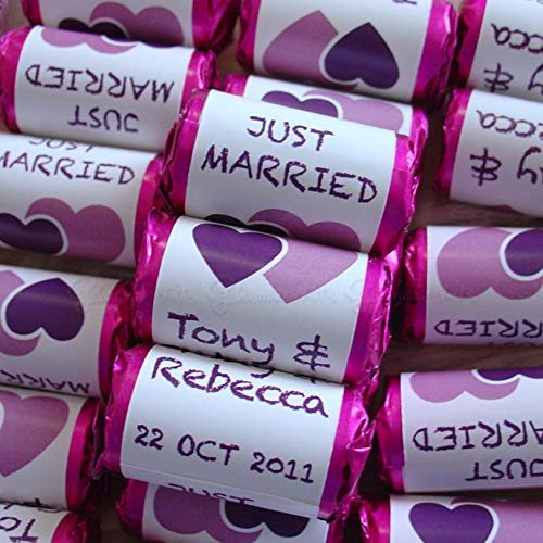 100 Personalised Double Heart Purple Lilac MINI Love Hearts Sweets - JUST Married MR and MRS
