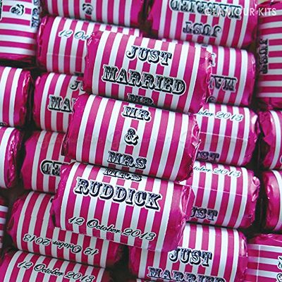 100 Personalised Pink Striped MINI Love Hearts Sweets - JUST Married MR and MRS