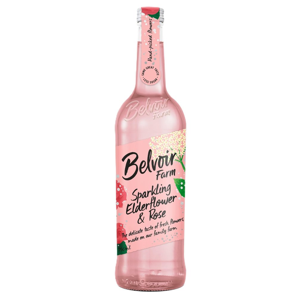 Belvoir Farm Freshly Sparkling Elderflower & Rose - Hand Picked Elderflowers | Pure Fresh Spring Water | 100% Natural Ingredients | Suitable for Vegetarians & Vegans - 6 x 750ml Bottles