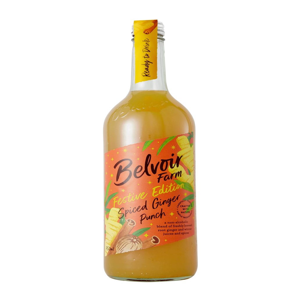 Belvoir Farm Festive Edition Spiced Ginger Punch - Root Ginger with Fruit Juices & Cinnamon, Cloves & Nutmeg Spices | 100% Natural Ingredients | Suitable for Vegetarians & Vegans - 6 x 750ml Bottles