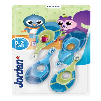 Jordan  | Step 1 Baby Toothbrush | Baby Toothbrush 0-2 Years | The Original Toddler Toothbrush with Extra Soft Bristles & Soft Biting Ring for Babies Gums and Easy Grip | Green & Blue | Pack of 4