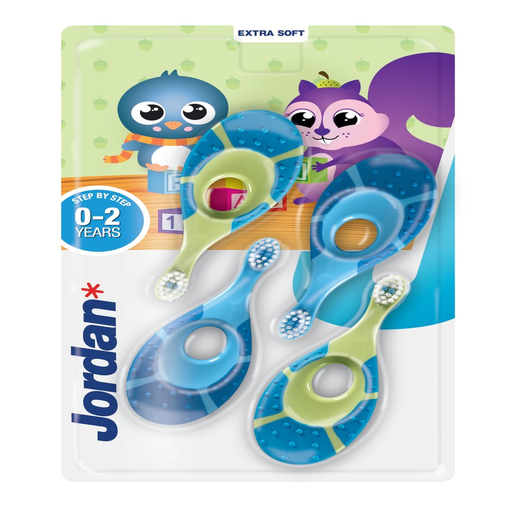 Jordan  | Step 1 Baby Toothbrush | Baby Toothbrush 0-2 Years | The Original Toddler Toothbrush with Extra Soft Bristles & Soft Biting Ring for Babies Gums and Easy Grip | Green & Blue | Pack of 4
