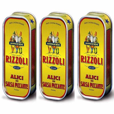 Alici Rizzoli (TRE Gobbetti) fillets of anchovies in Spicy Sauce 3 Boxes of 90 gr