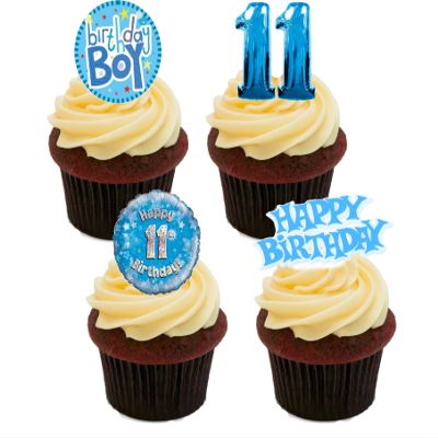 11th Birthday Boy, Edible Cupcake Toppers, Blue - Stand-up Wafer Cake Decorations (Pack of 12)